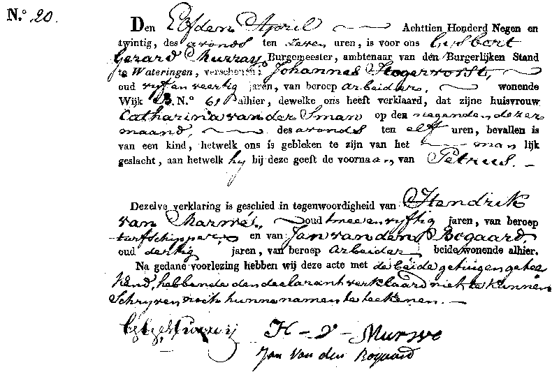 18290411 geb akte 20 Petrus zv J Hogervorst - C vd Sman